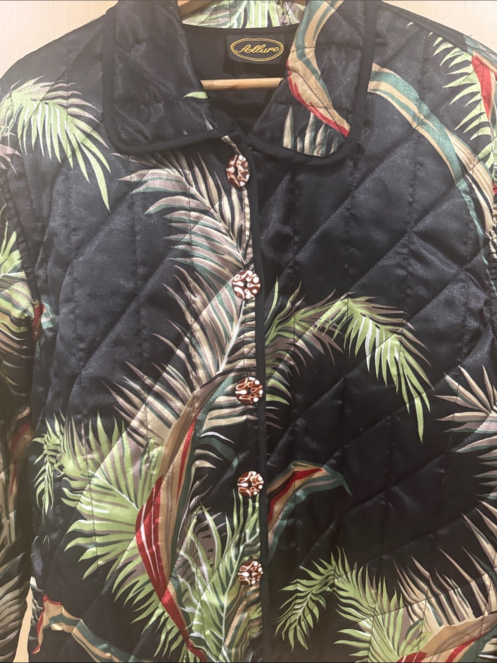 Allure Quilted Bomber Jacket - Black with Green & Red Leaf Print